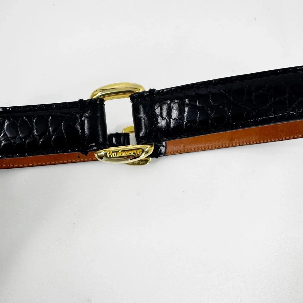 Burberrys of London Vintage Black Croc Embossed Leather Belt Gold Buckle Italy M